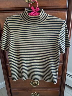 Liz Claiborne Navy and Tan Striped Short-Sleeve Mock Neck Top